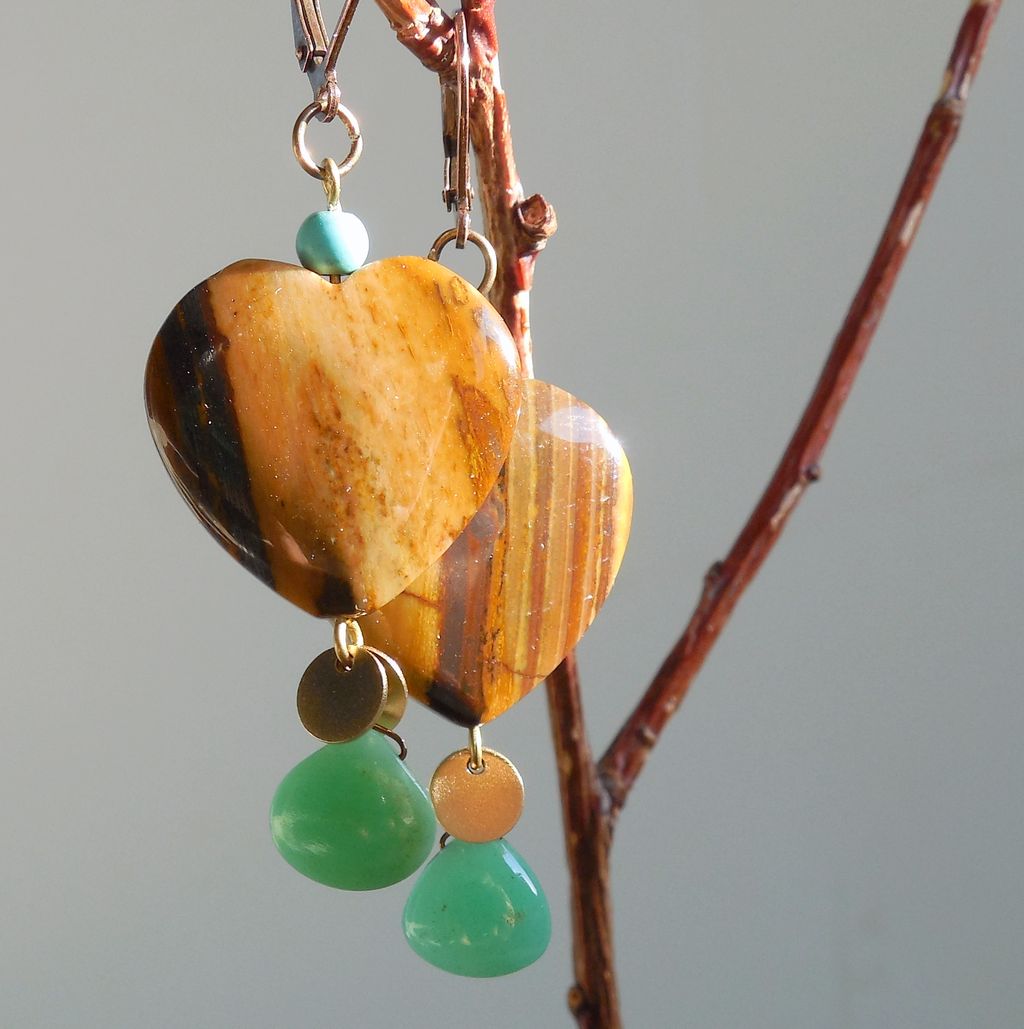 Tiger Eye and Chrysoprase Heart Drop Earrings Tiger Eye and Chrysoprase Heart Drop Earrings