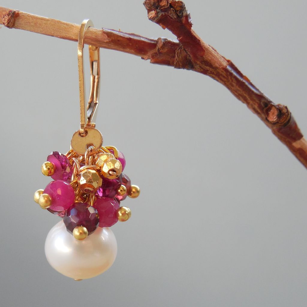 Ruby, Garnet, Pyrite and Pearl Boho Chic Drop Earrings Ruby, Garnet, Pyrite and Pearl Boho Chic Drop Earrings