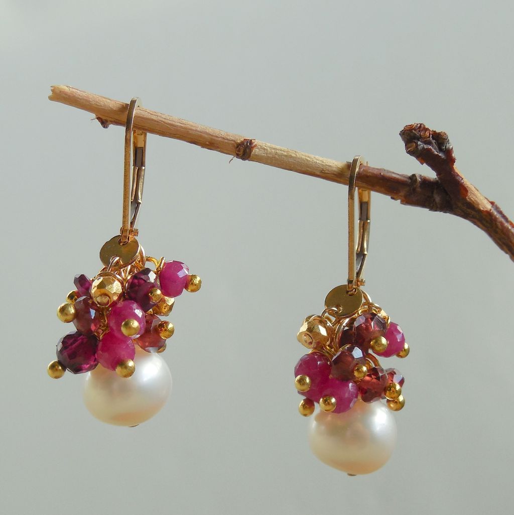 Ruby, Garnet, Pyrite and Pearl Boho Chic Drop Earrings Ruby, Garnet, Pyrite and Pearl Boho Chic Drop Earrings