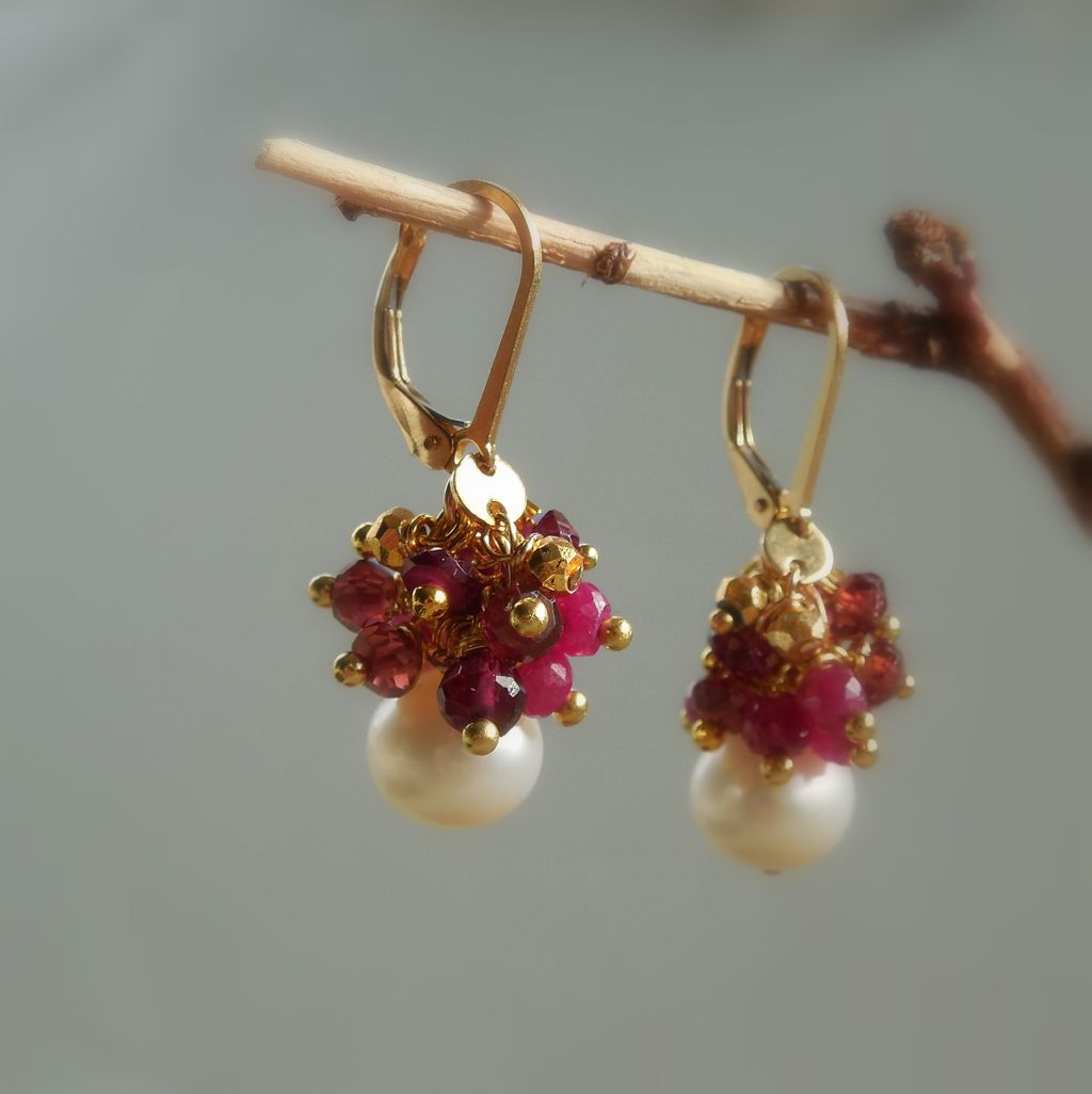 Ruby, Garnet, Pyrite and Pearl Boho Chic Drop Earrings Ruby, Garnet, Pyrite and Pearl Boho Chic Drop Earrings