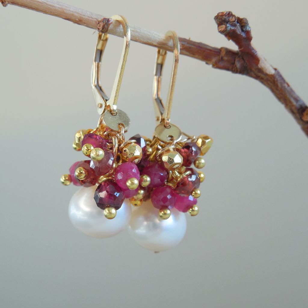 Ruby, Garnet, Pyrite and Pearl Boho Chic Drop Earrings Ruby, Garnet, Pyrite and Pearl Boho Chic Drop Earrings