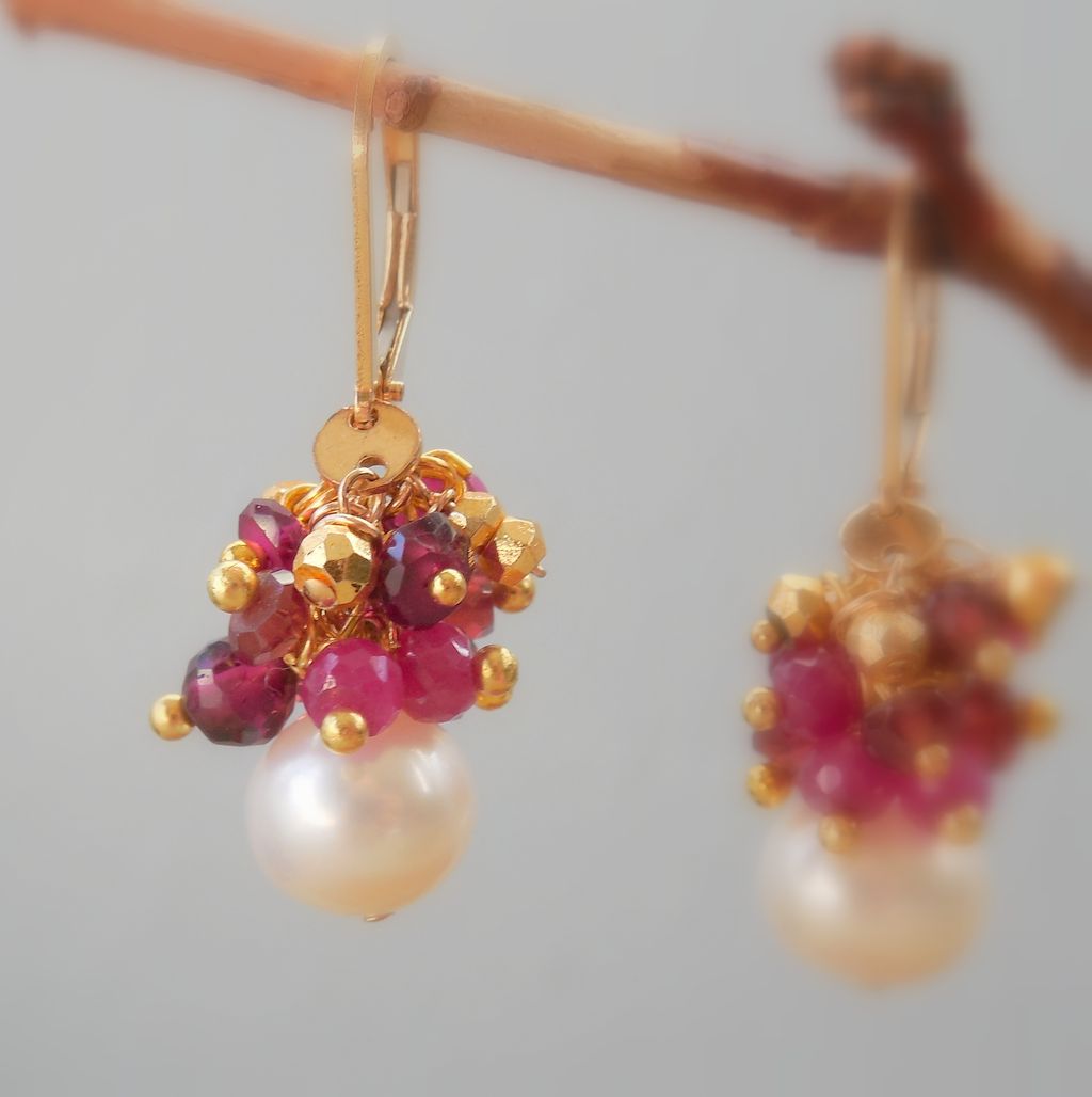 Ruby, Garnet, Pyrite and Pearl Boho Chic Drop Earrings Ruby, Garnet, Pyrite and Pearl Boho Chic Drop Earrings