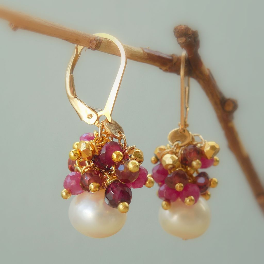 Ruby, Garnet, Pyrite and Pearl Boho Chic Drop Earrings Ruby, Garnet, Pyrite and Pearl Boho Chic Drop Earrings