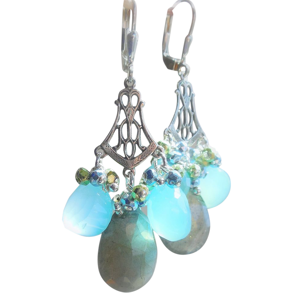 Tudor Princess Chandelier Earrings Labradorite, Chalcedony, and Pyrite Tudor Princess Chandelier Earrings Labradorite, Chalcedony, and Pyrite