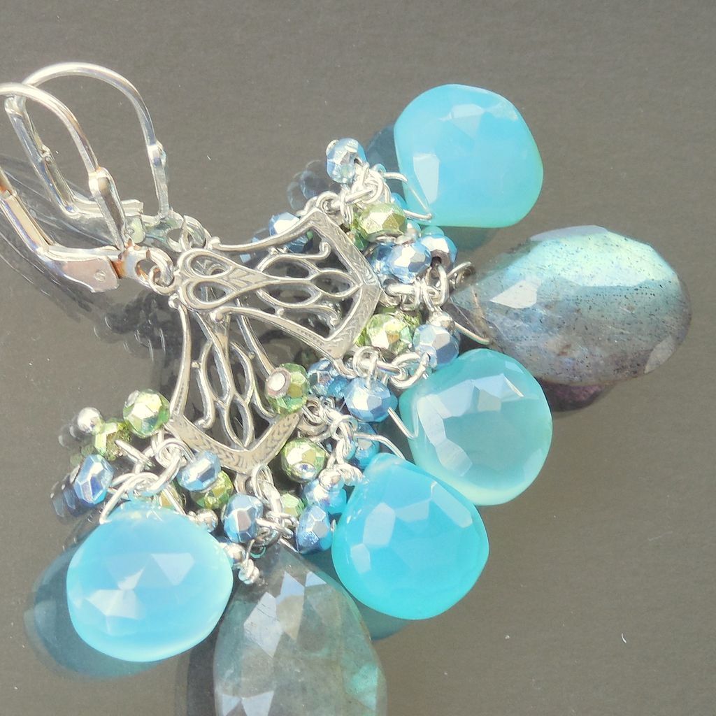 Tudor Princess Chandelier Earrings Labradorite, Chalcedony, and Pyrite Tudor Princess Chandelier Earrings Labradorite, Chalcedony, and Pyrite