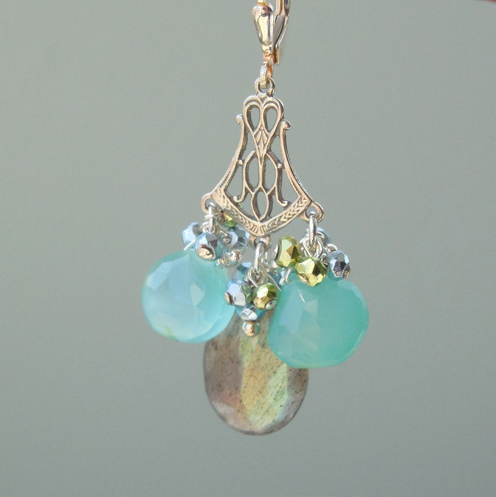 Tudor Princess Chandelier Earrings Labradorite, Chalcedony, and Pyrite Tudor Princess Chandelier Earrings Labradorite, Chalcedony, and Pyrite