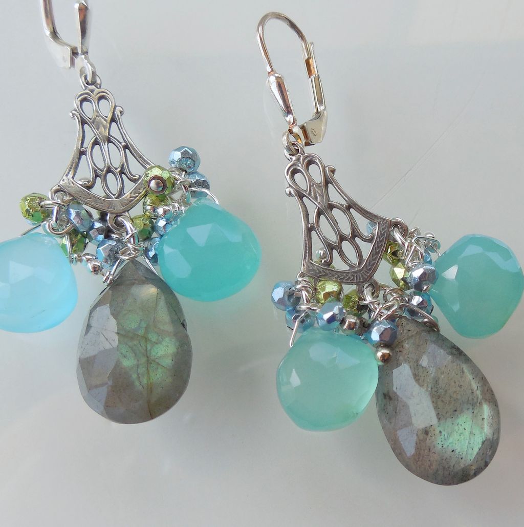 Tudor Princess Chandelier Earrings Labradorite, Chalcedony, and Pyrite Tudor Princess Chandelier Earrings Labradorite, Chalcedony, and Pyrite