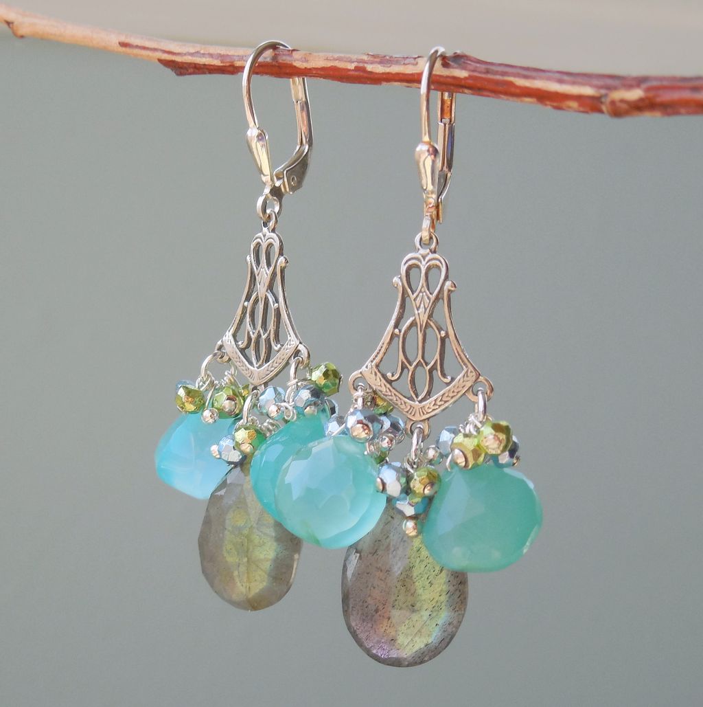 Tudor Princess Chandelier Earrings Labradorite, Chalcedony, and Pyrite Tudor Princess Chandelier Earrings Labradorite, Chalcedony, and Pyrite