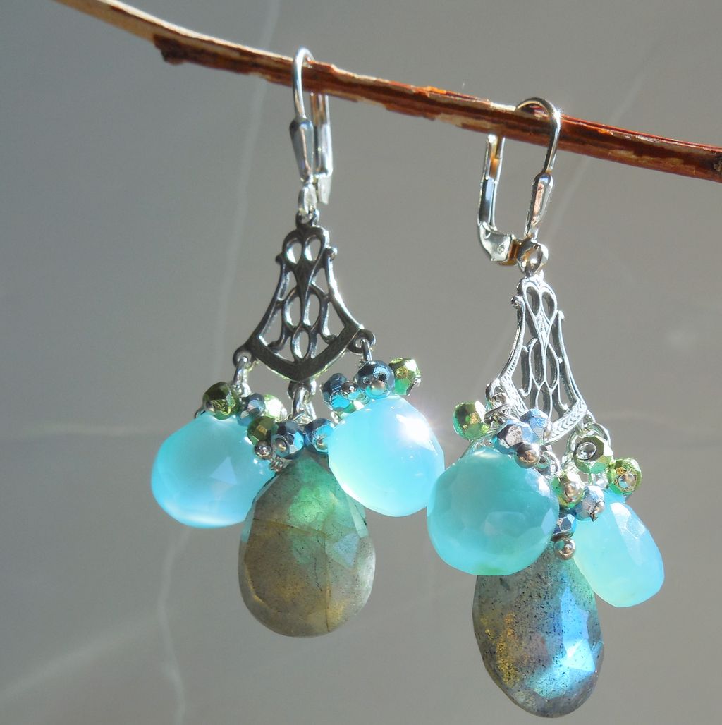 Tudor Princess Chandelier Earrings Labradorite, Chalcedony, and Pyrite Tudor Princess Chandelier Earrings Labradorite, Chalcedony, and Pyrite