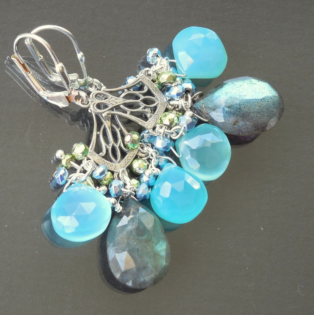 Tudor Princess Chandelier Earrings Labradorite, Chalcedony, and Pyrite Tudor Princess Chandelier Earrings Labradorite, Chalcedony, and Pyrite