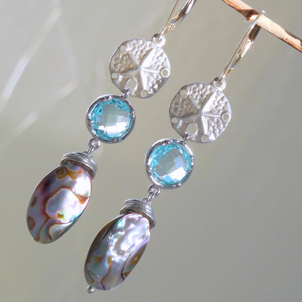 Abalone Blue Glass Sand Dollar Drop Earrings Abalone Blue Glass Sand Dollar Drop Earrings