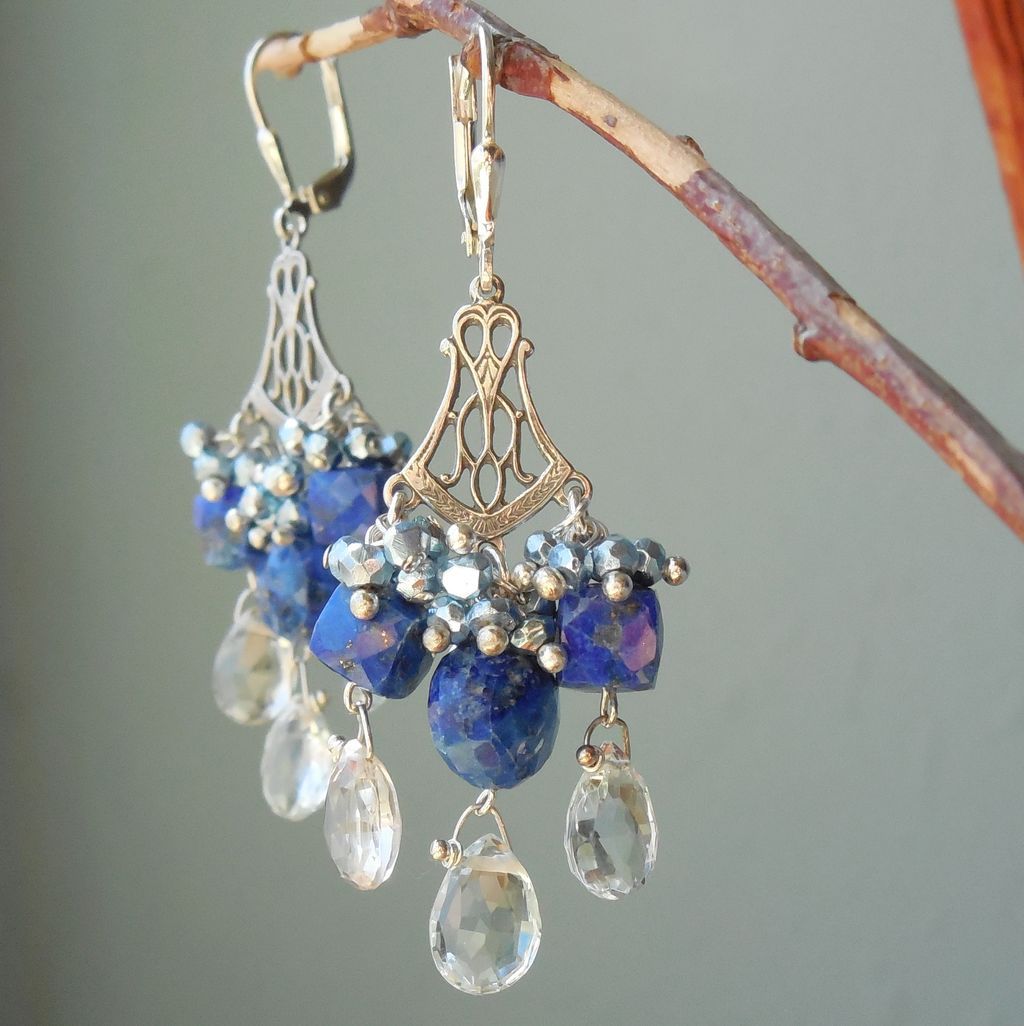 Aquamarine, Lapis Lazuli, Boho Tudor Style Chandelier Earrings Aquamarine, Lapis Lazuli, Boho Tudor Style Chandelier Earrings