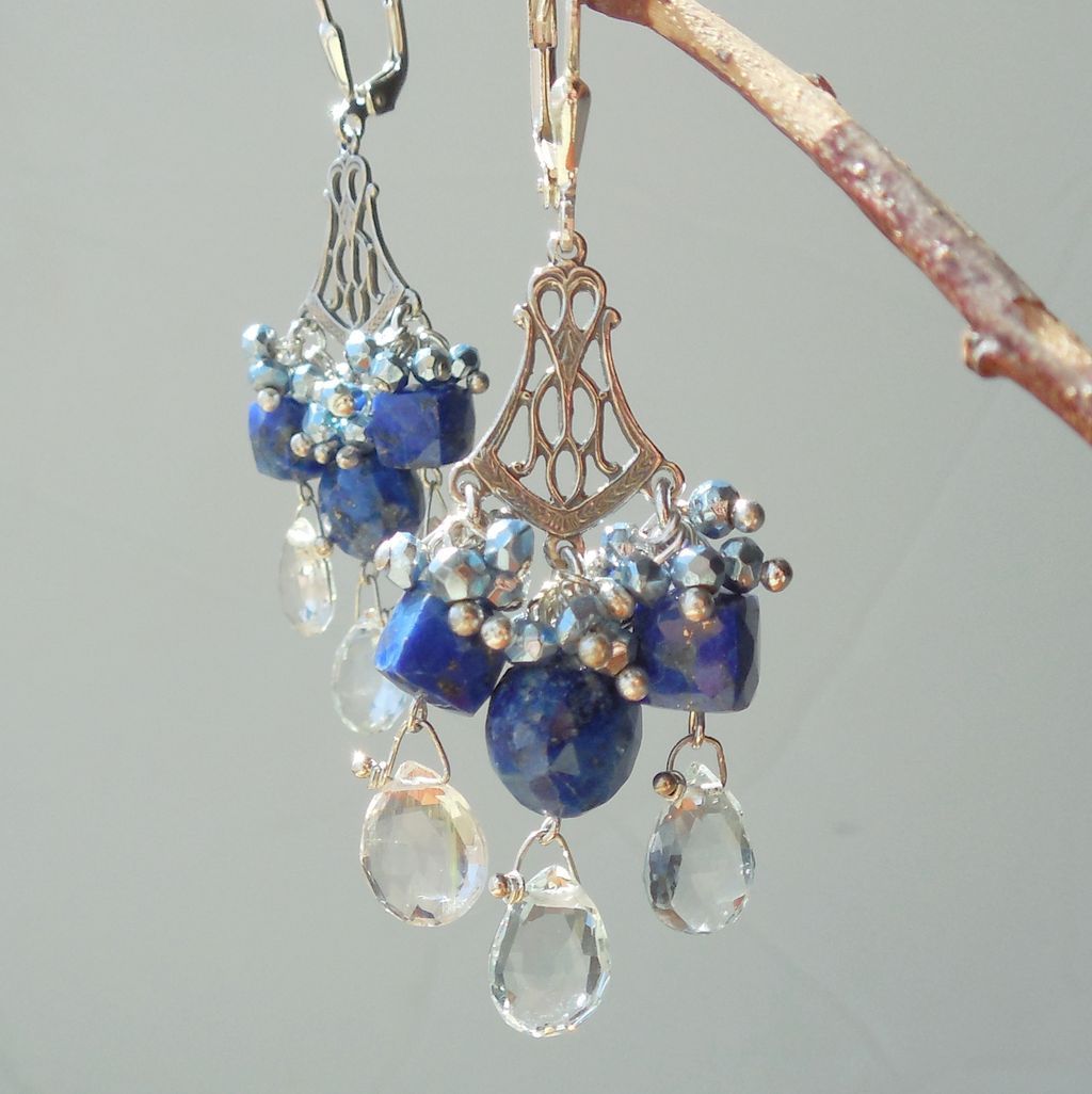 Aquamarine, Lapis Lazuli, Boho Tudor Style Chandelier Earrings Aquamarine, Lapis Lazuli, Boho Tudor Style Chandelier Earrings