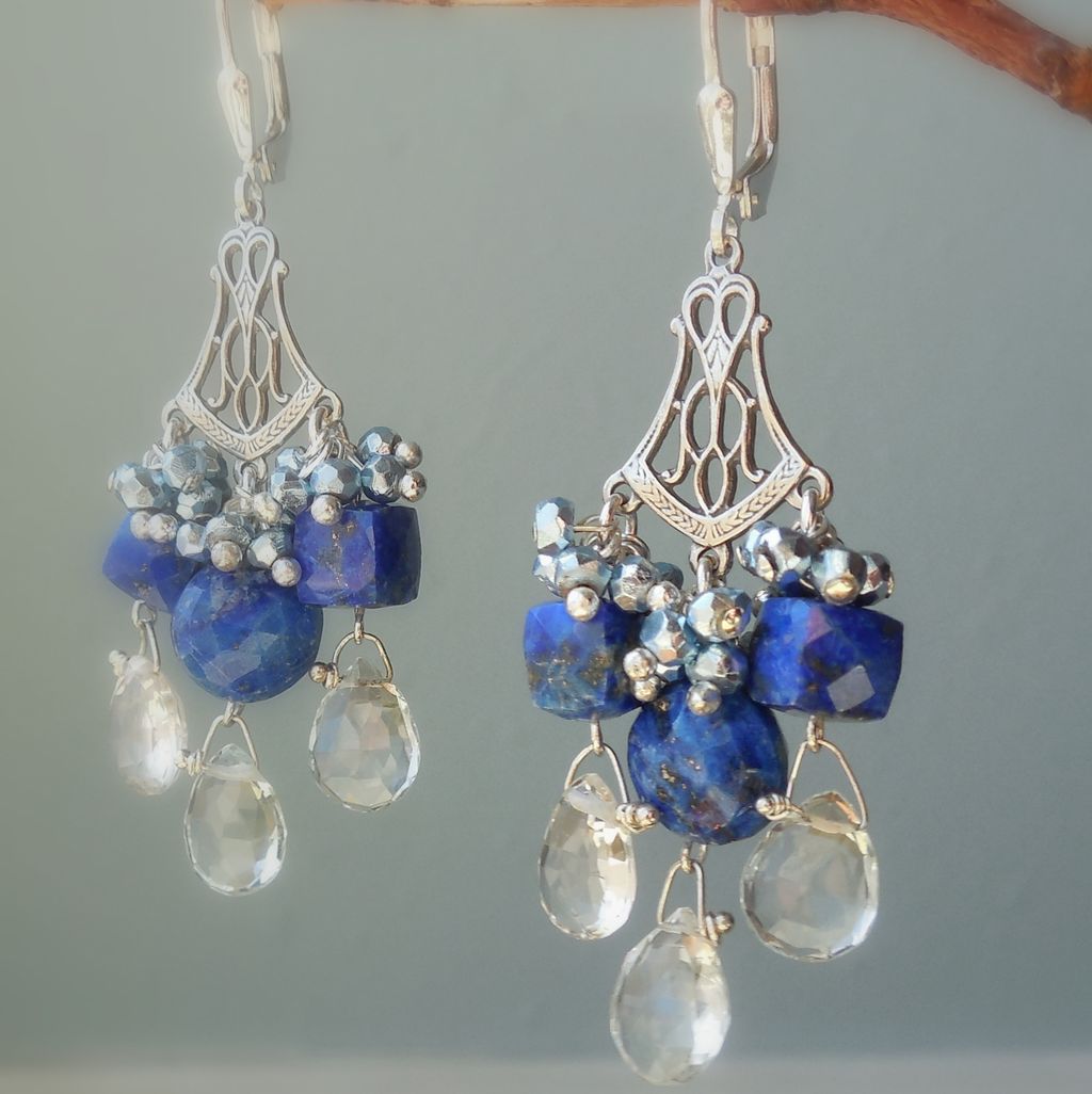 Aquamarine, Lapis Lazuli, Boho Tudor Style Chandelier Earrings Aquamarine, Lapis Lazuli, Boho Tudor Style Chandelier Earrings