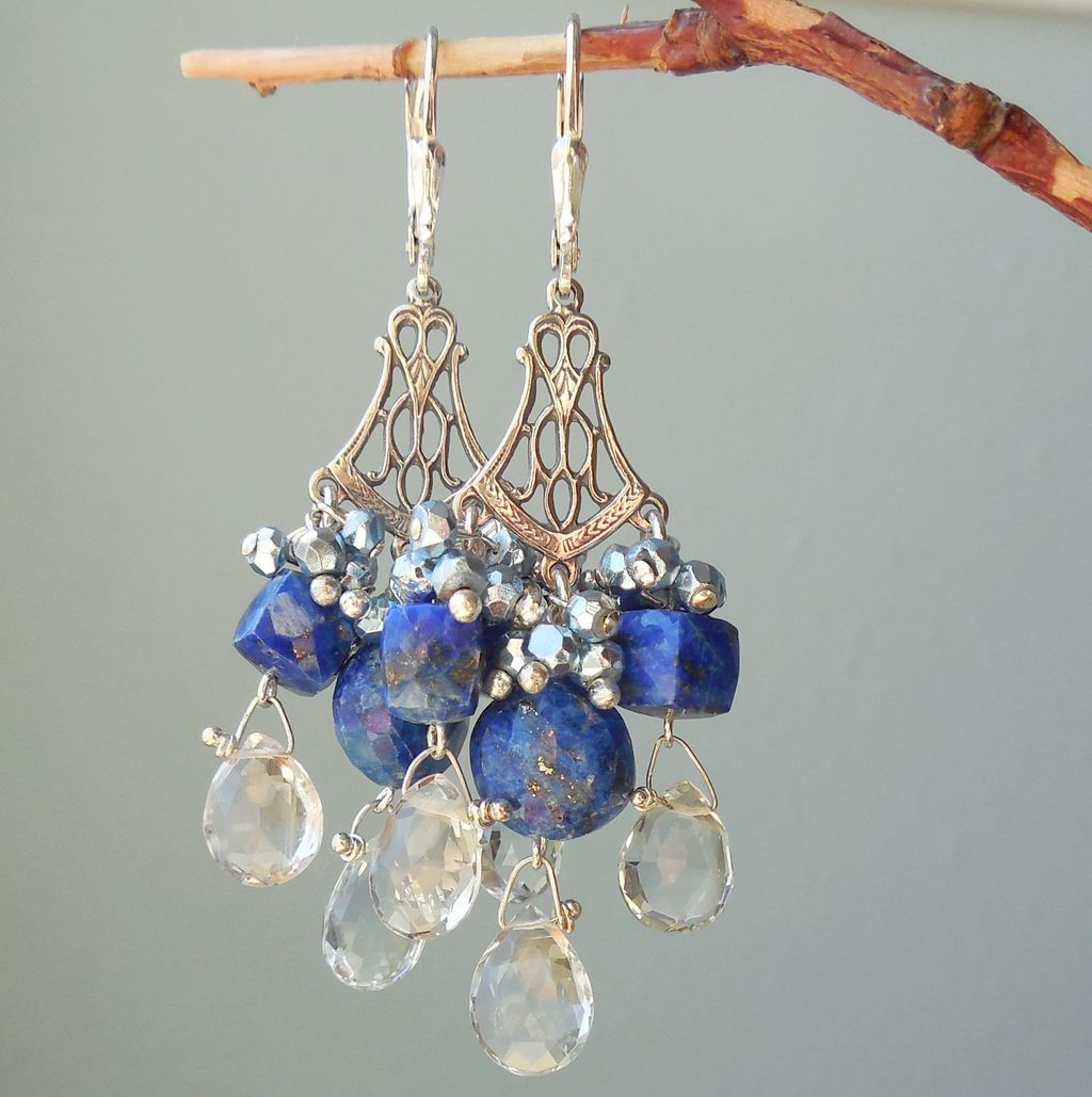 Aquamarine, Lapis Lazuli, Boho Tudor Style Chandelier Earrings Aquamarine, Lapis Lazuli, Boho Tudor Style Chandelier Earrings