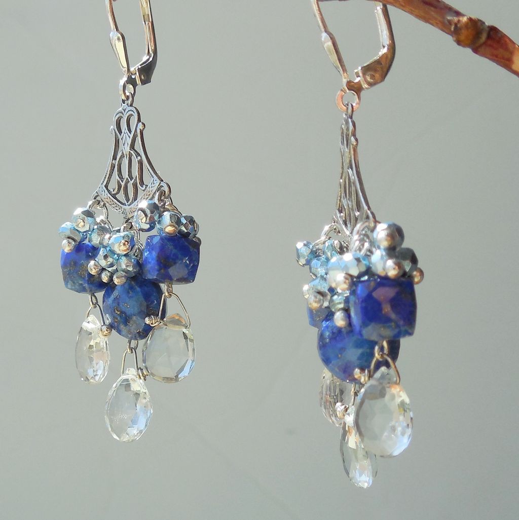 Aquamarine, Lapis Lazuli, Boho Tudor Style Chandelier Earrings Aquamarine, Lapis Lazuli, Boho Tudor Style Chandelier Earrings