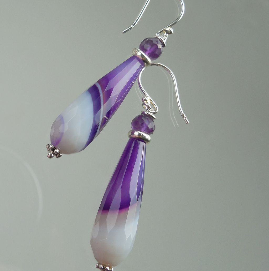 Amethyst Purple Violet Banded Agate Briolette Drop Earrings Amethyst Purple Violet Banded Agate Briolette Drop Earrings