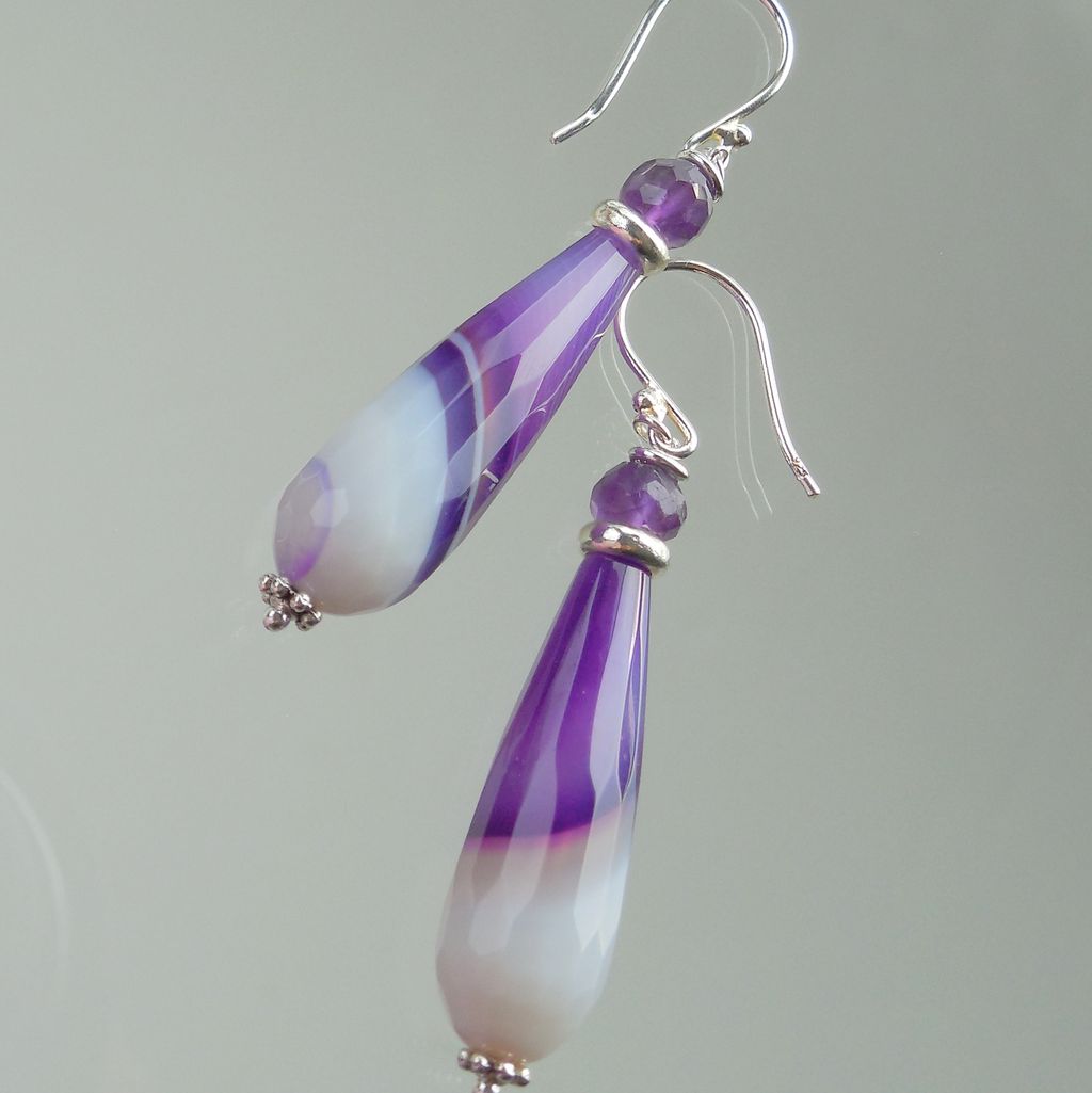 Amethyst Purple Violet Banded Agate Briolette Drop Earrings Amethyst Purple Violet Banded Agate Briolette Drop Earrings