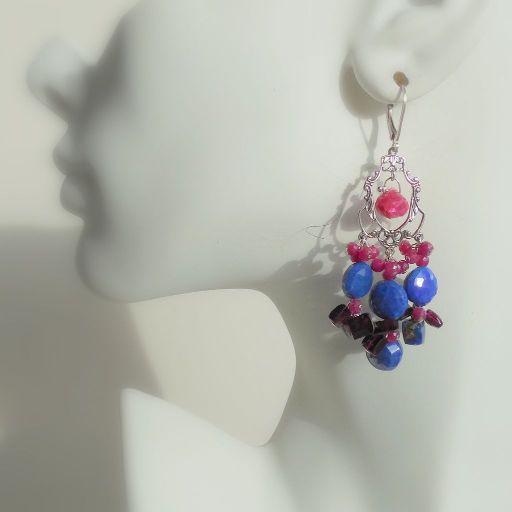 Ruby, Lapis Lazuli, Garnet Gemstone Drop Chandelier Earrings Ruby, Lapis Lazuli, Garnet Gemstone Drop Chandelier Earrings
