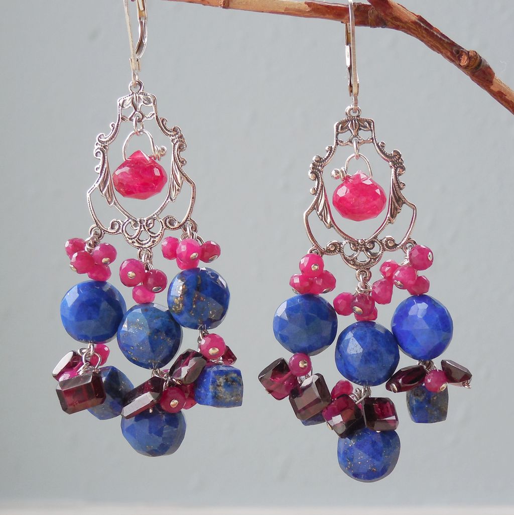 Ruby, Lapis Lazuli, Garnet Gemstone Drop Chandelier Earrings Ruby, Lapis Lazuli, Garnet Gemstone Drop Chandelier Earrings