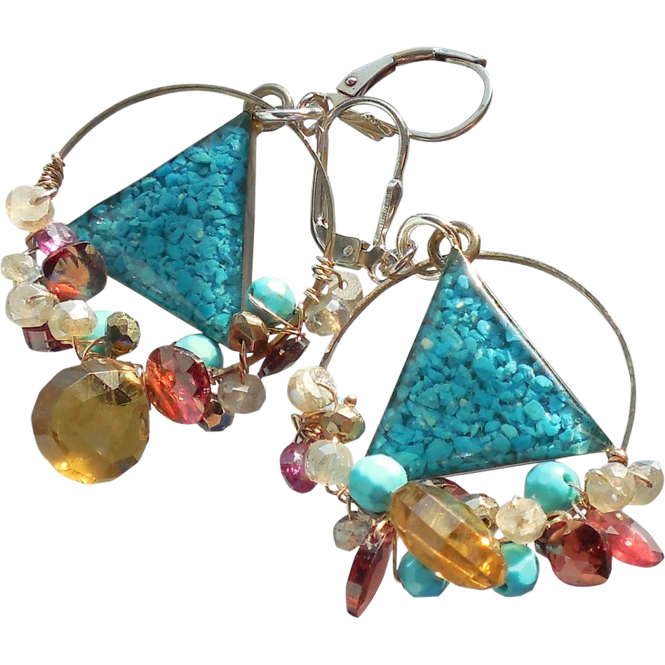RESERVED -Garnet, Smoky Brown Quartz, Labradorite, Vintage Triangle Earrings RESERVED -Garnet, Smoky Brown Quartz, Labradorite, Vintage Triangle Earrings