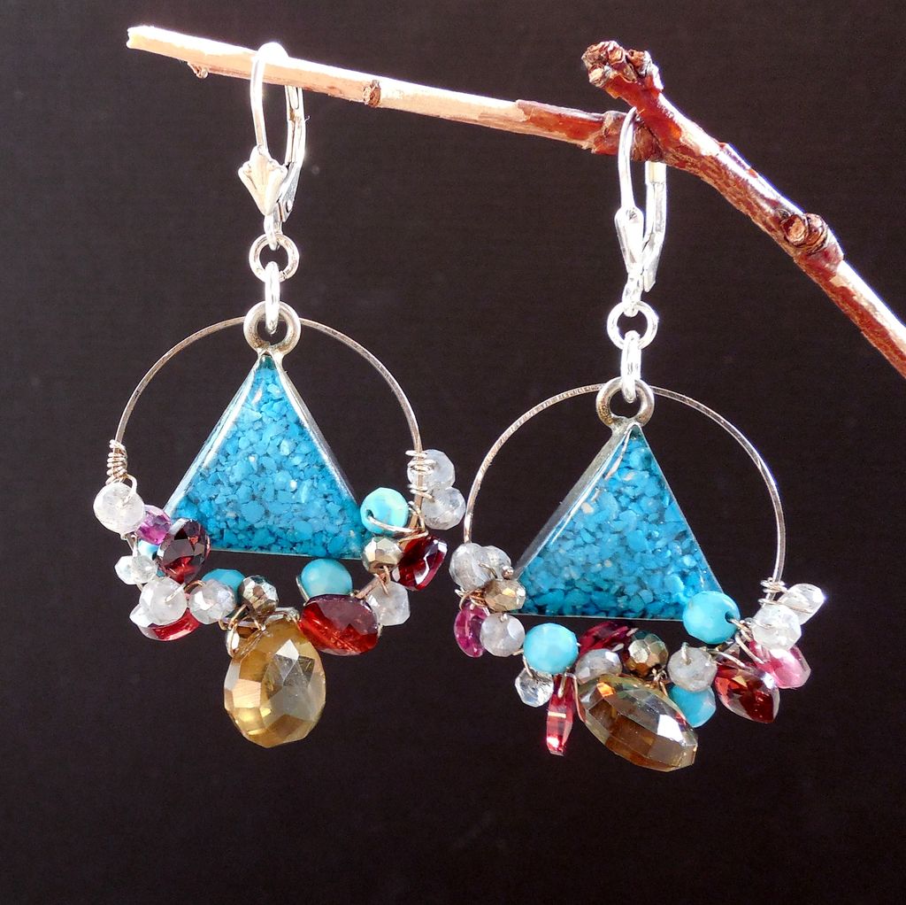 RESERVED -Garnet, Smoky Brown Quartz, Labradorite, Vintage Triangle Earrings RESERVED -Garnet, Smoky Brown Quartz, Labradorite, Vintage Triangle Earrings