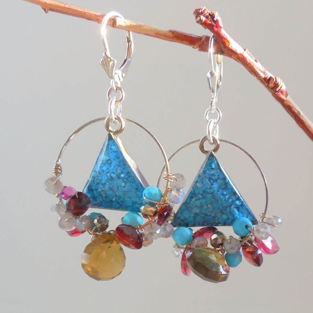 RESERVED -Garnet, Smoky Brown Quartz, Labradorite, Vintage Triangle Earrings RESERVED -Garnet, Smoky Brown Quartz, Labradorite, Vintage Triangle Earrings