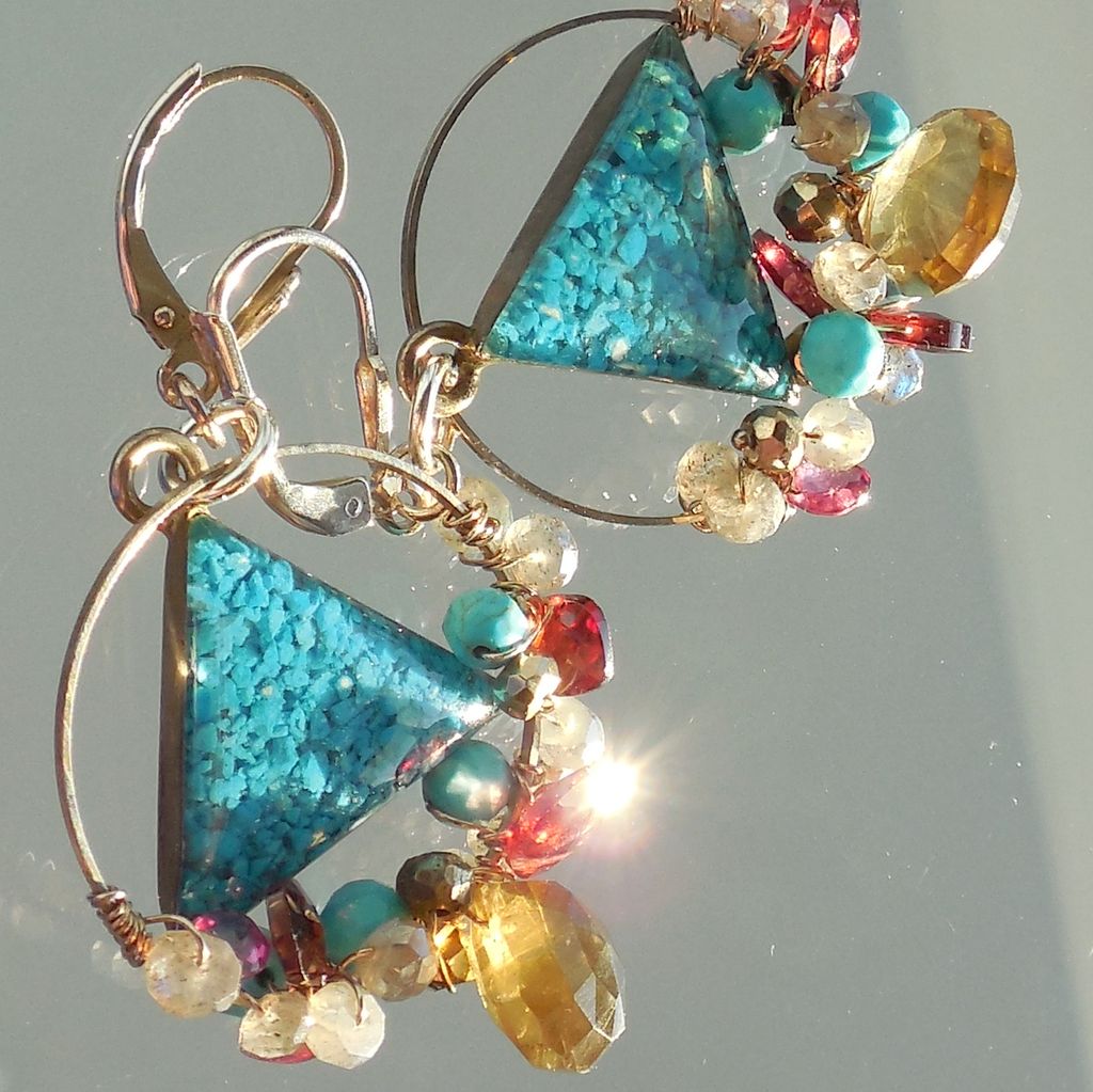 RESERVED -Garnet, Smoky Brown Quartz, Labradorite, Vintage Triangle Earrings RESERVED -Garnet, Smoky Brown Quartz, Labradorite, Vintage Triangle Earrings
