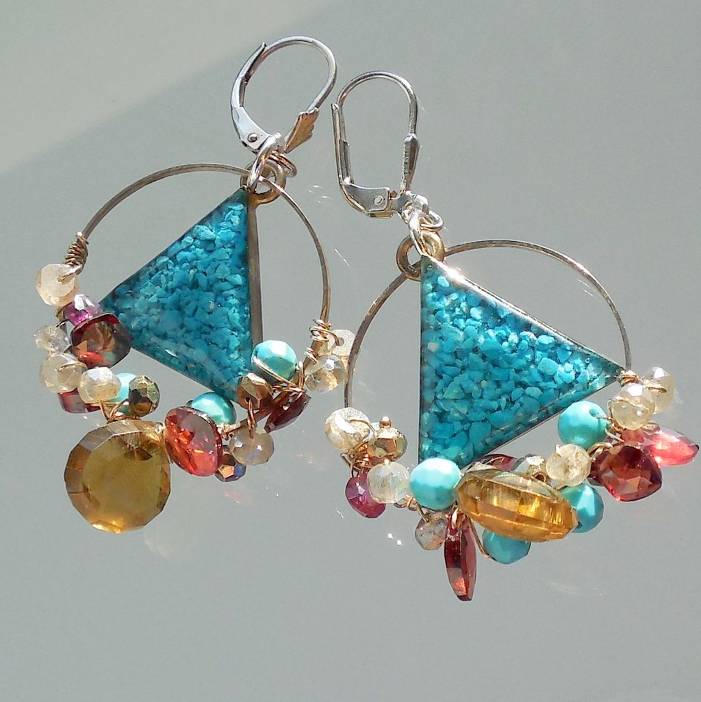 RESERVED -Garnet, Smoky Brown Quartz, Labradorite, Vintage Triangle Earrings RESERVED -Garnet, Smoky Brown Quartz, Labradorite, Vintage Triangle Earrings