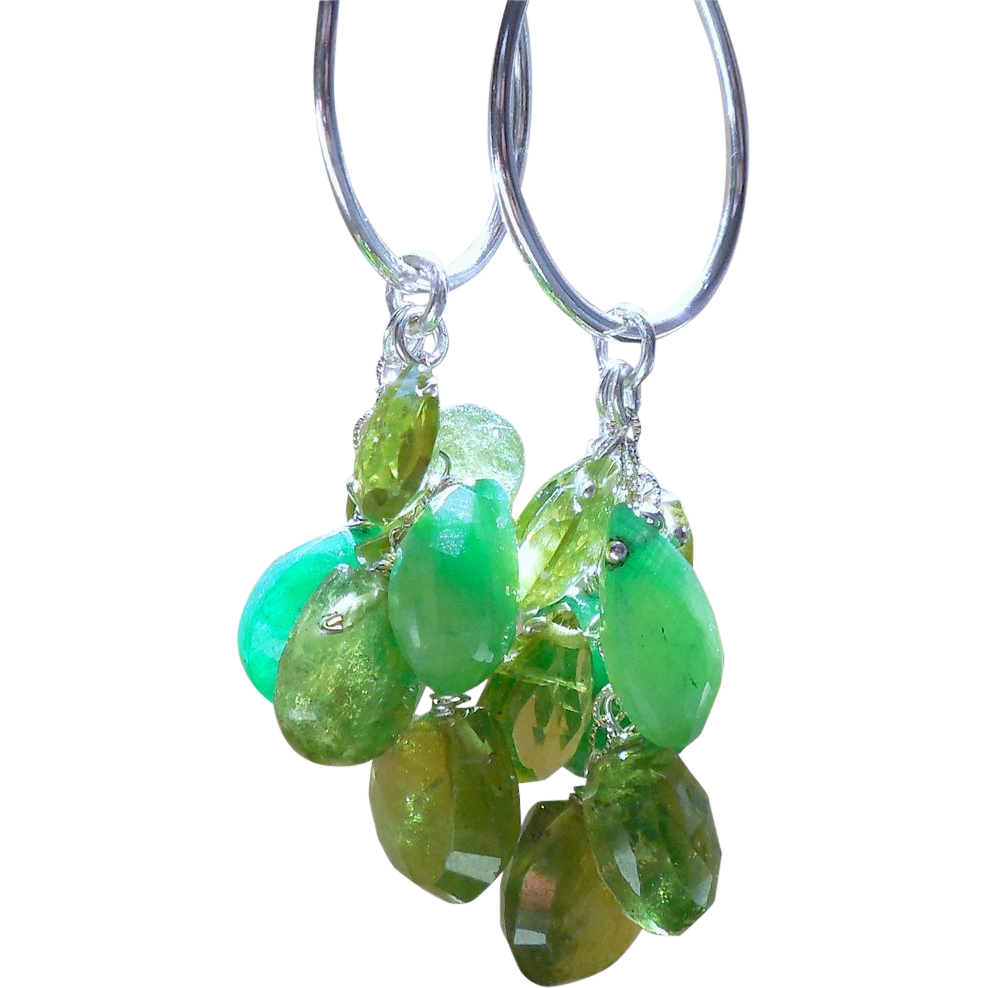 Emeralds, Vesuvianite, Peridot, Waterfall Cascade Hoop Earrings Emeralds, Vesuvianite, Peridot, Waterfall Cascade Hoop Earrings