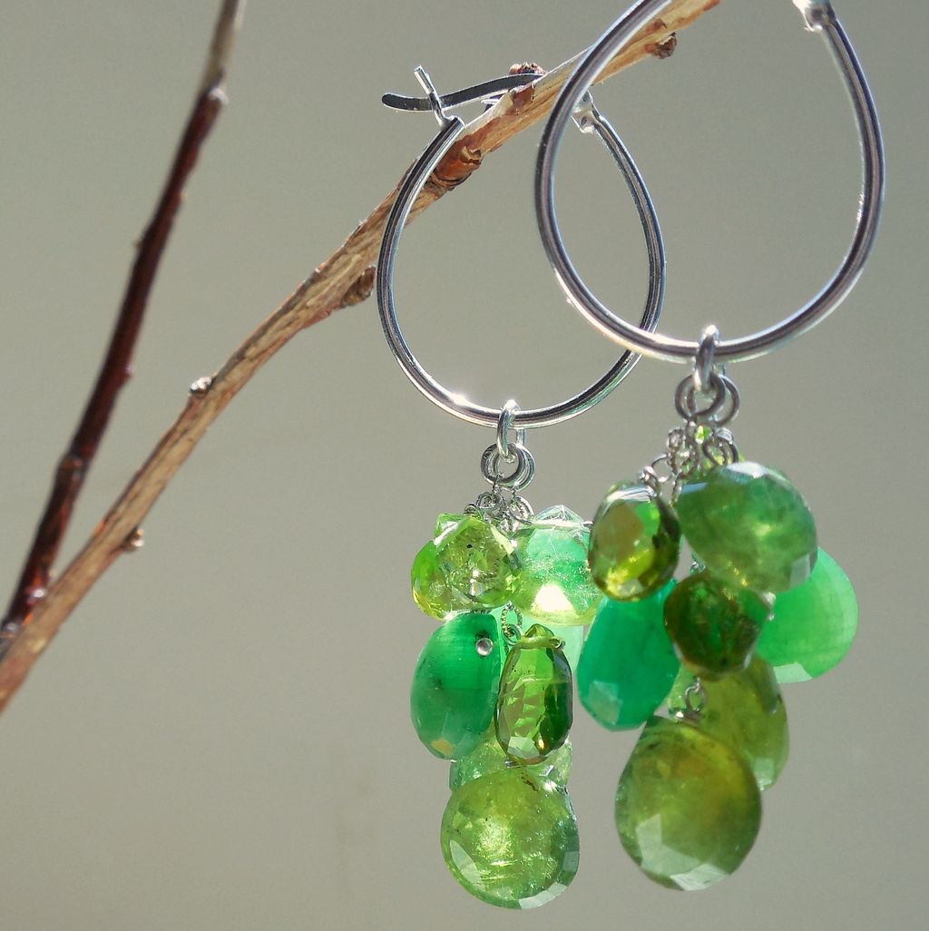 Emeralds, Vesuvianite, Peridot, Waterfall Cascade Hoop Earrings Emeralds, Vesuvianite, Peridot, Waterfall Cascade Hoop Earrings