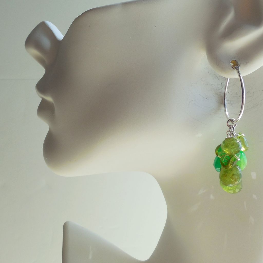 Emeralds, Vesuvianite, Peridot, Waterfall Cascade Hoop Earrings Emeralds, Vesuvianite, Peridot, Waterfall Cascade Hoop Earrings