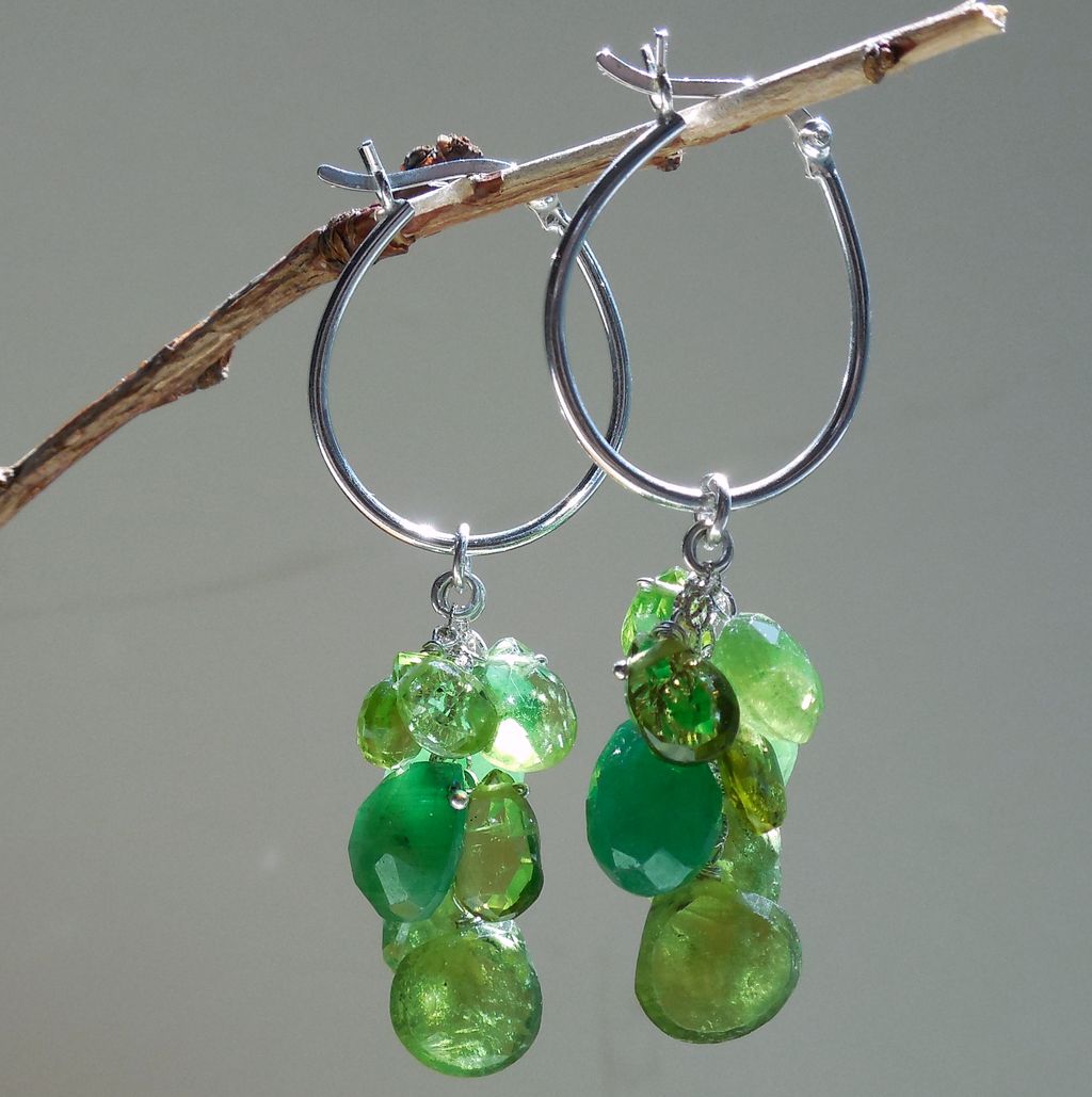 Emeralds, Vesuvianite, Peridot, Waterfall Cascade Hoop Earrings Emeralds, Vesuvianite, Peridot, Waterfall Cascade Hoop Earrings