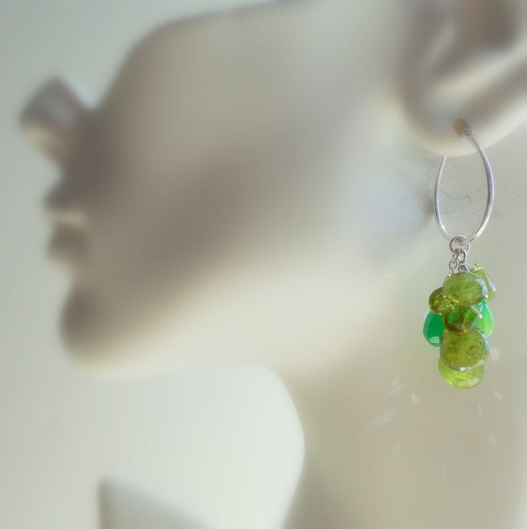 Emeralds, Vesuvianite, Peridot, Waterfall Cascade Hoop Earrings Emeralds, Vesuvianite, Peridot, Waterfall Cascade Hoop Earrings
