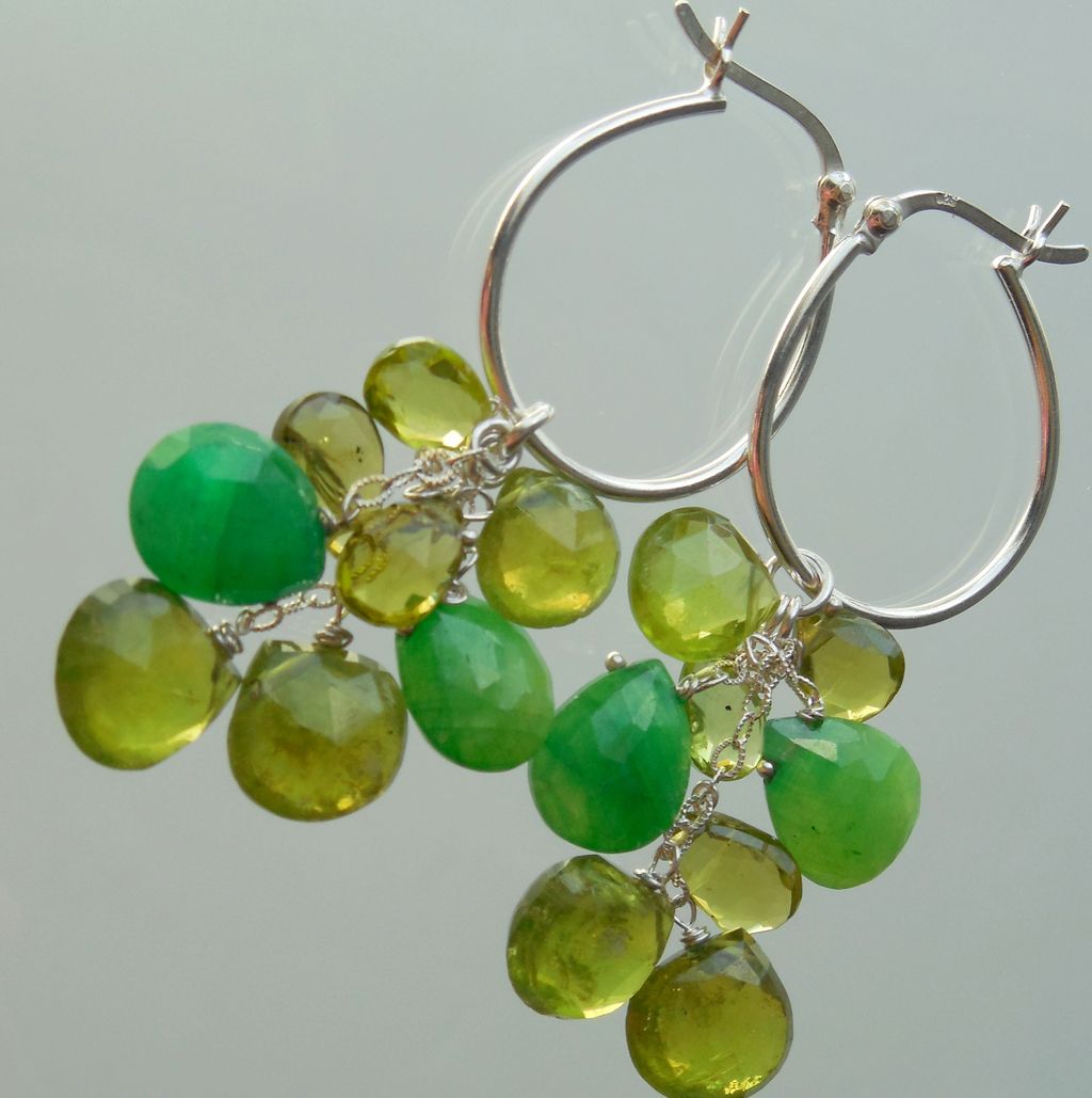 Emeralds, Vesuvianite, Peridot, Waterfall Cascade Hoop Earrings Emeralds, Vesuvianite, Peridot, Waterfall Cascade Hoop Earrings