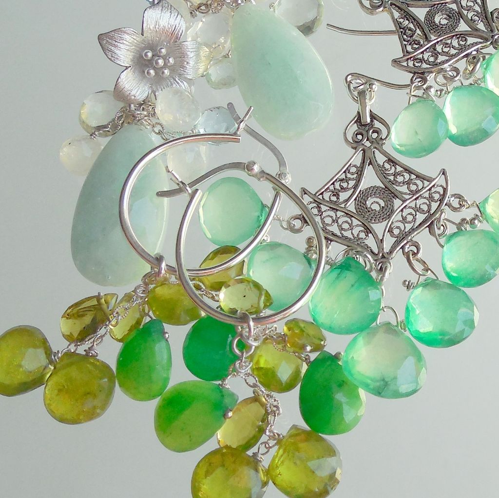 Emeralds, Vesuvianite, Peridot, Waterfall Cascade Hoop Earrings Emeralds, Vesuvianite, Peridot, Waterfall Cascade Hoop Earrings