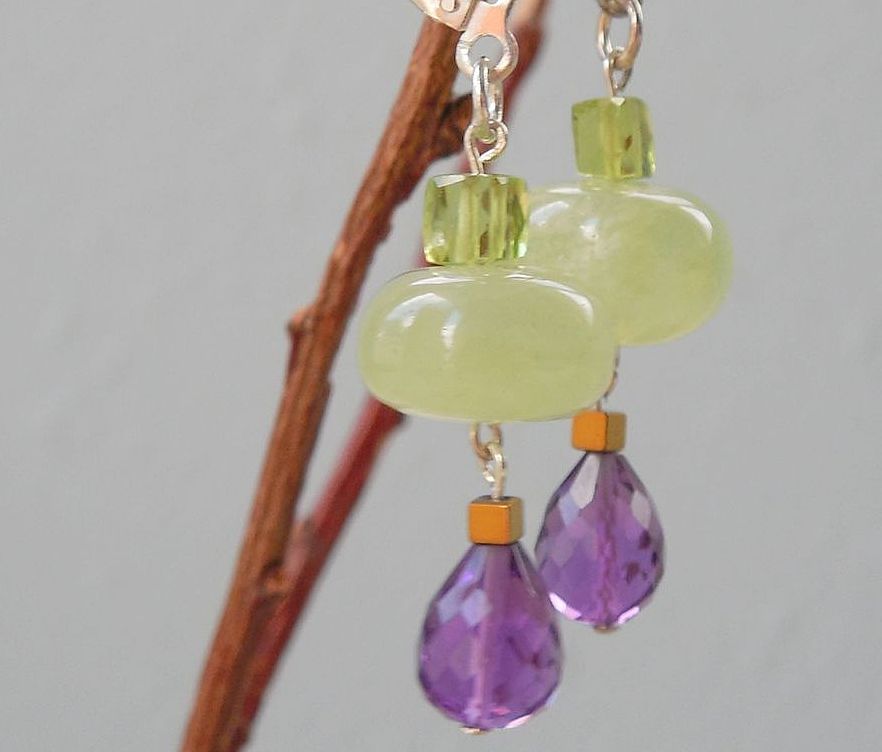 Peridot, Amethyst, and Prehnite Drop Earrings - Clearance Peridot, Amethyst, and Prehnite Drop Earrings - Clearance