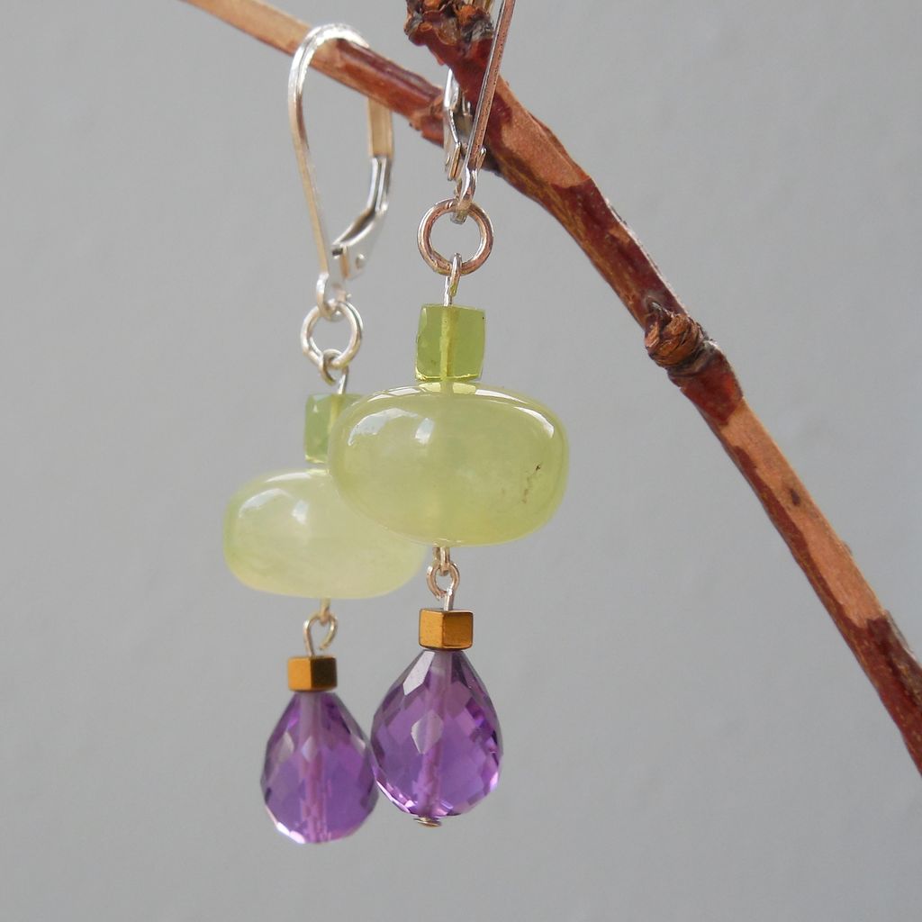 Peridot, Amethyst, and Prehnite Drop Earrings - Clearance Peridot, Amethyst, and Prehnite Drop Earrings - Clearance