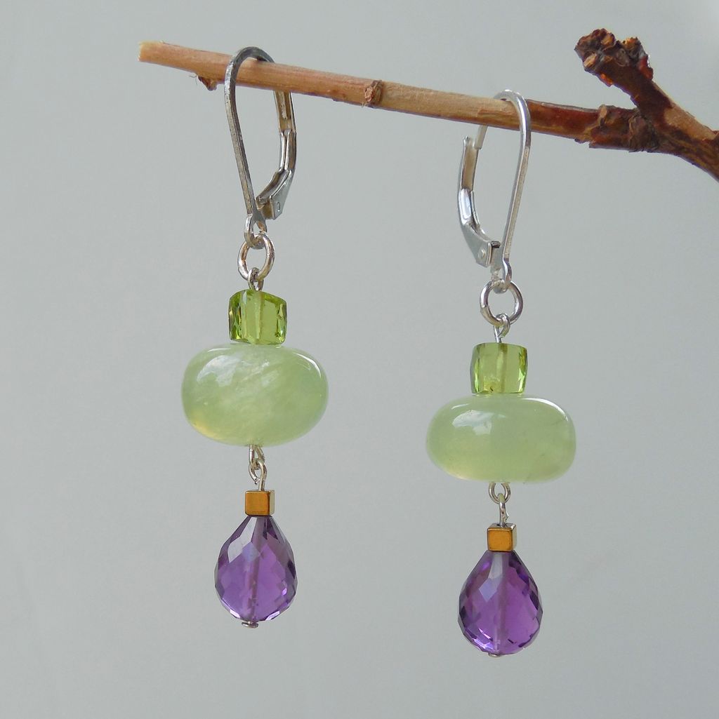 Peridot, Amethyst, and Prehnite Drop Earrings - Clearance Peridot, Amethyst, and Prehnite Drop Earrings - Clearance