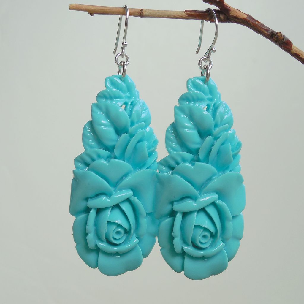 Blue Sky Turquoise Color Pressed Roses Teardrop Earrings Blue Sky Turquoise Color Pressed Roses Teardrop Earrings