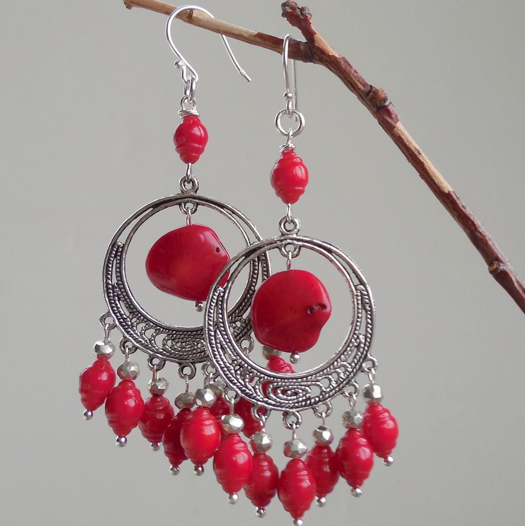 Red Coral and Pyrite Chandelier Earrings - Clearance Red Coral and Pyrite Chandelier Earrings - Clearance