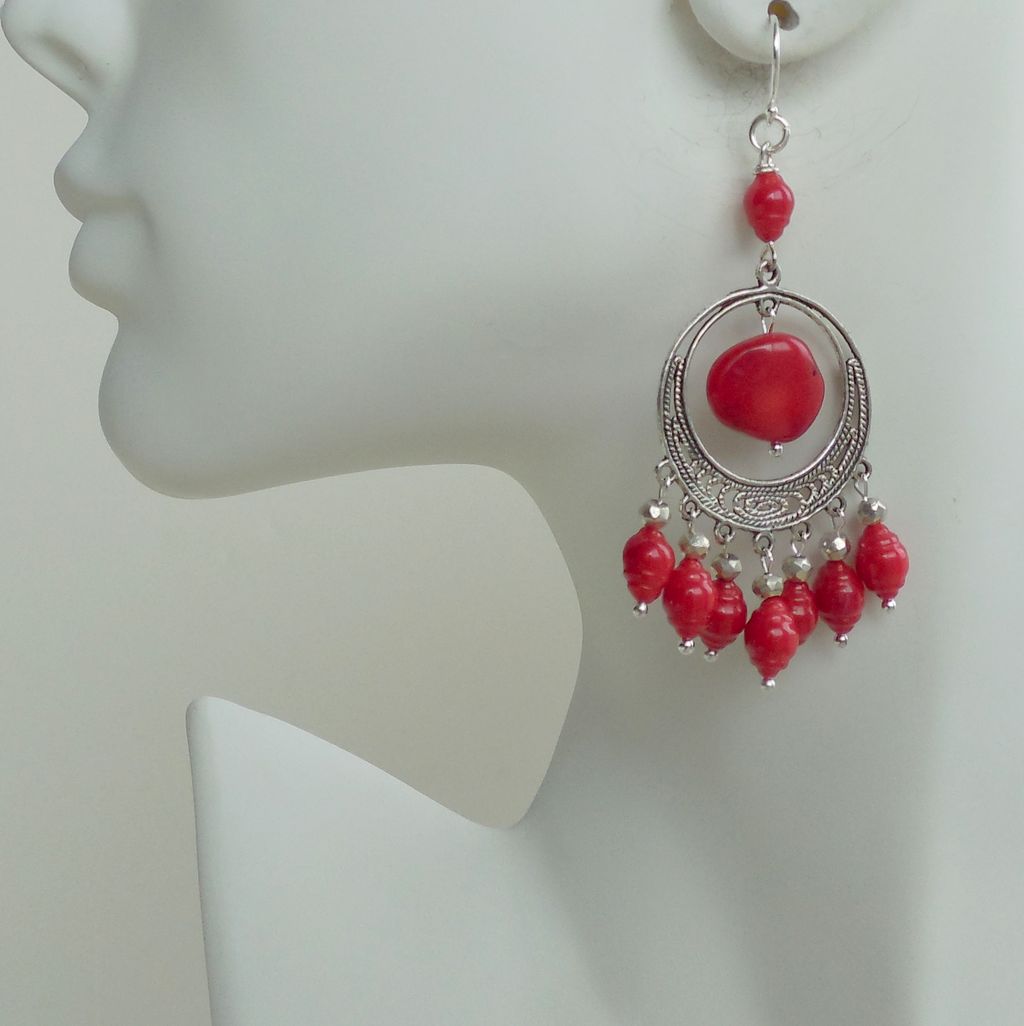 Red Coral and Pyrite Chandelier Earrings - Clearance Red Coral and Pyrite Chandelier Earrings - Clearance