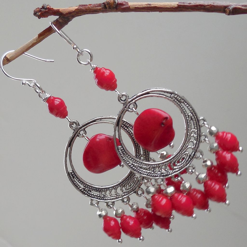 Red Coral and Pyrite Chandelier Earrings - Clearance Red Coral and Pyrite Chandelier Earrings - Clearance