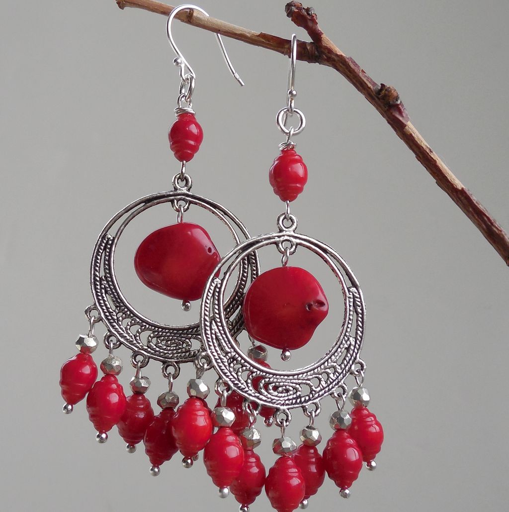 Red Coral and Pyrite Chandelier Earrings - Clearance Red Coral and Pyrite Chandelier Earrings - Clearance