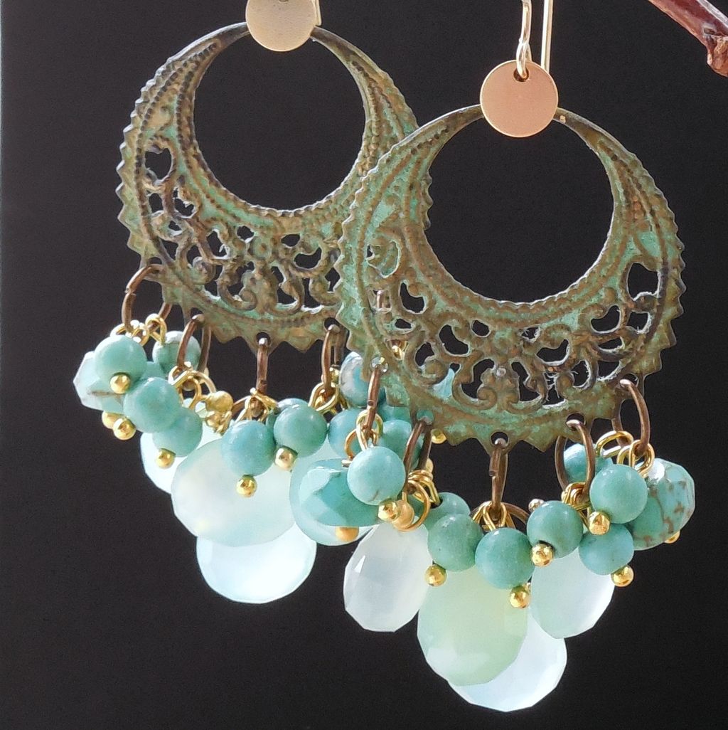 Sea Green Chalcedony Verdigris Brass Chandelier Earrings Sea Green Chalcedony Verdigris Brass Chandelier Earrings