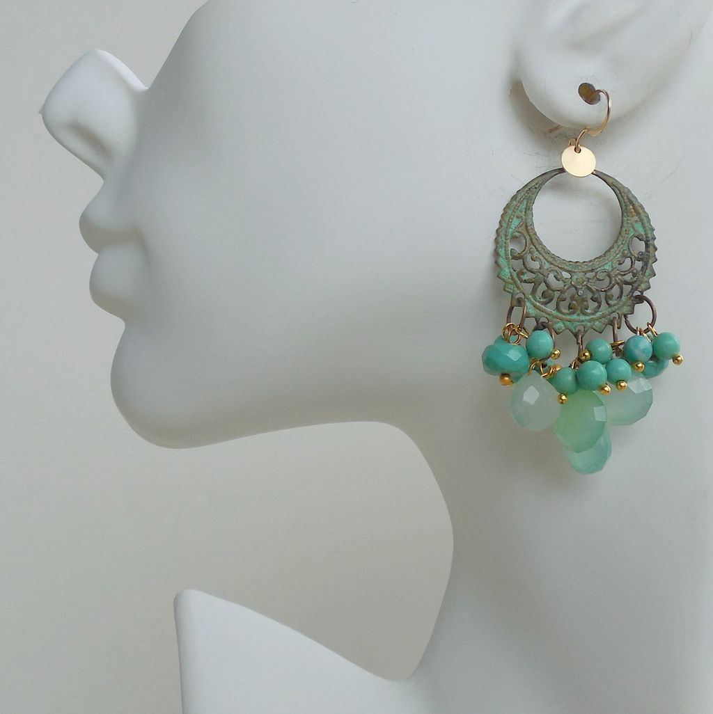 Sea Green Chalcedony Verdigris Brass Chandelier Earrings Sea Green Chalcedony Verdigris Brass Chandelier Earrings