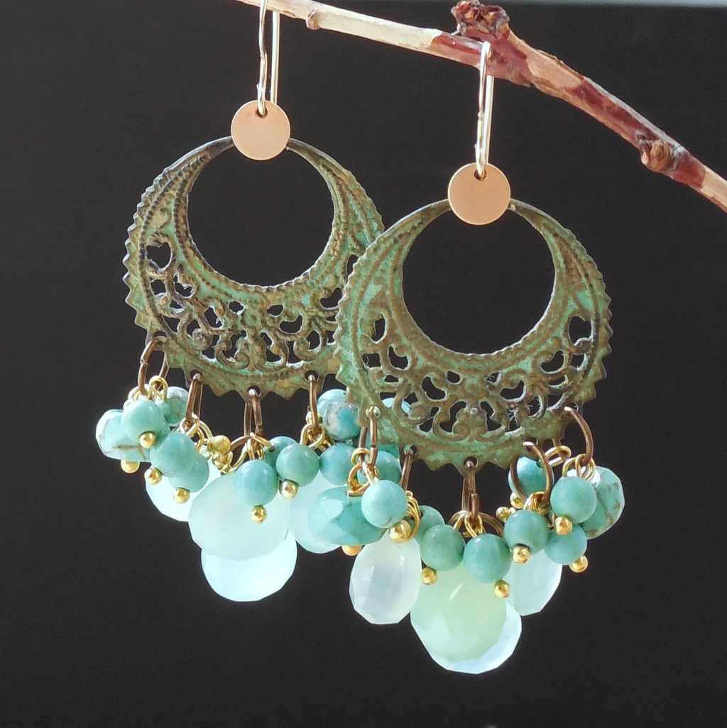 Sea Green Chalcedony Verdigris Brass Chandelier Earrings Sea Green Chalcedony Verdigris Brass Chandelier Earrings