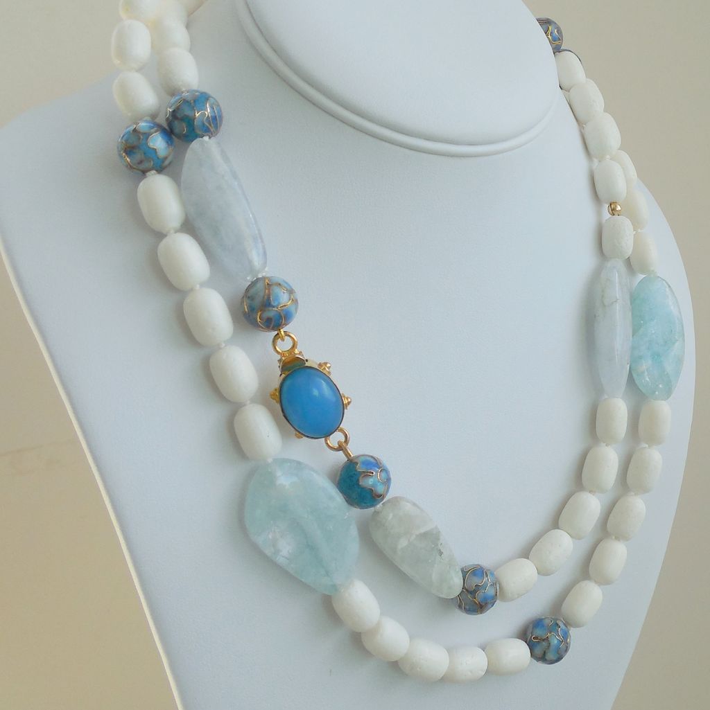 White Coral, Aquamarine, Blue Onyx 41" Long Necklace White Coral, Aquamarine, Blue Onyx 41" Long Necklace