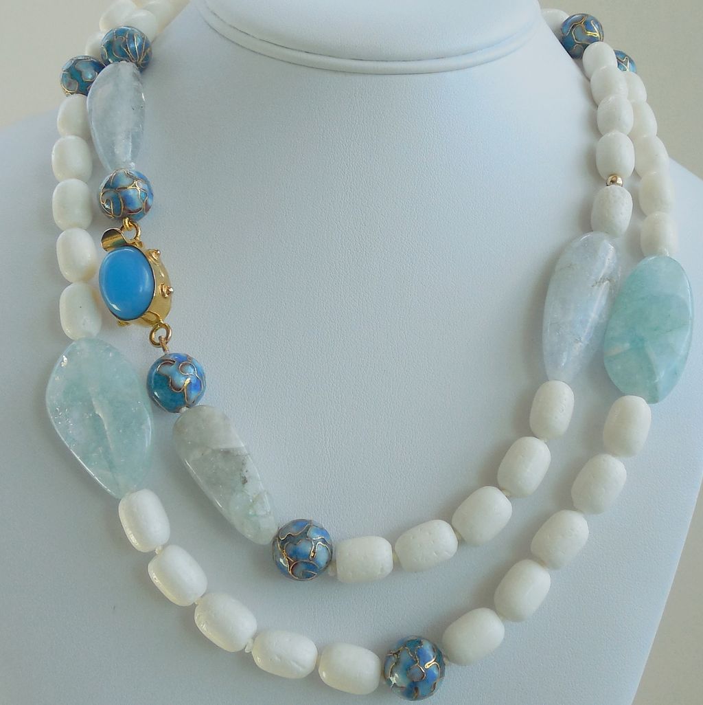 White Coral, Aquamarine, Blue Onyx 41" Long Necklace White Coral, Aquamarine, Blue Onyx 41" Long Necklace