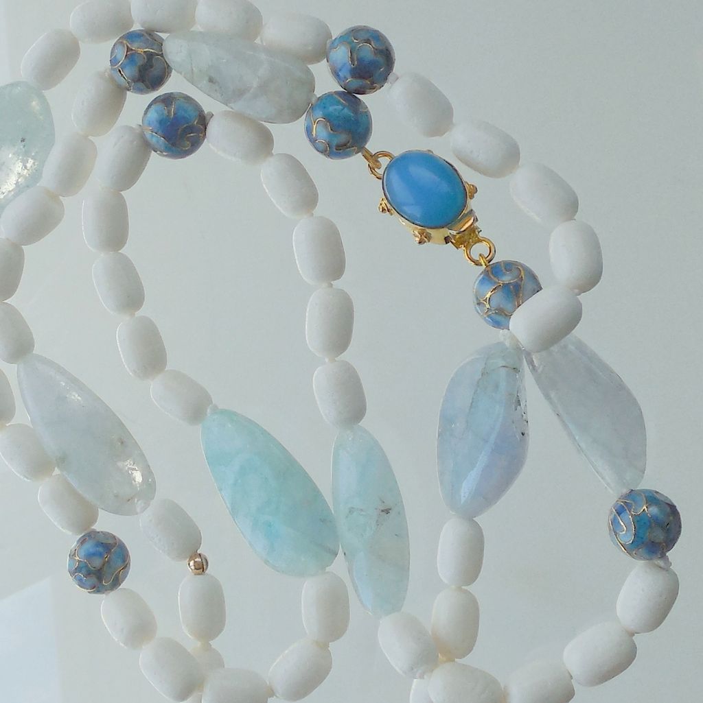 White Coral, Aquamarine, Blue Onyx 41" Long Necklace White Coral, Aquamarine, Blue Onyx 41" Long Necklace